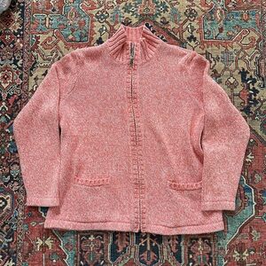 L.L. Bean Full Zip Knit Sweater Orange and White Womens L Petite